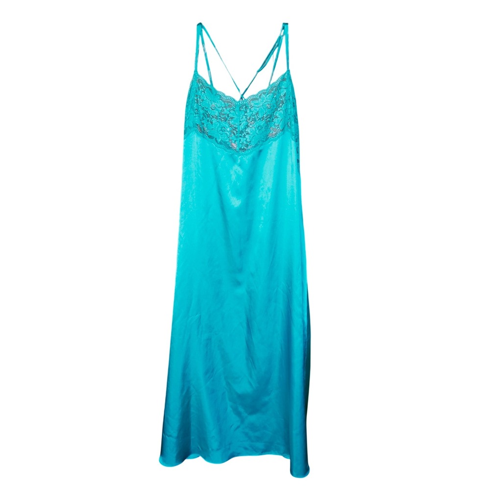 Woman Within Teal Blue Satin Lace Trim Nightgown Chemise Plus Size 1X Sleepwear‎